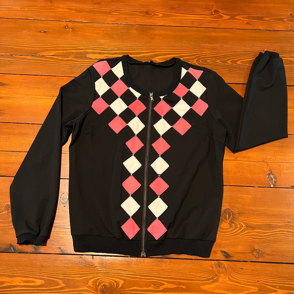 Grayse - Black Pink White Leather Argyle Studded Bomber Jacket - Size S**